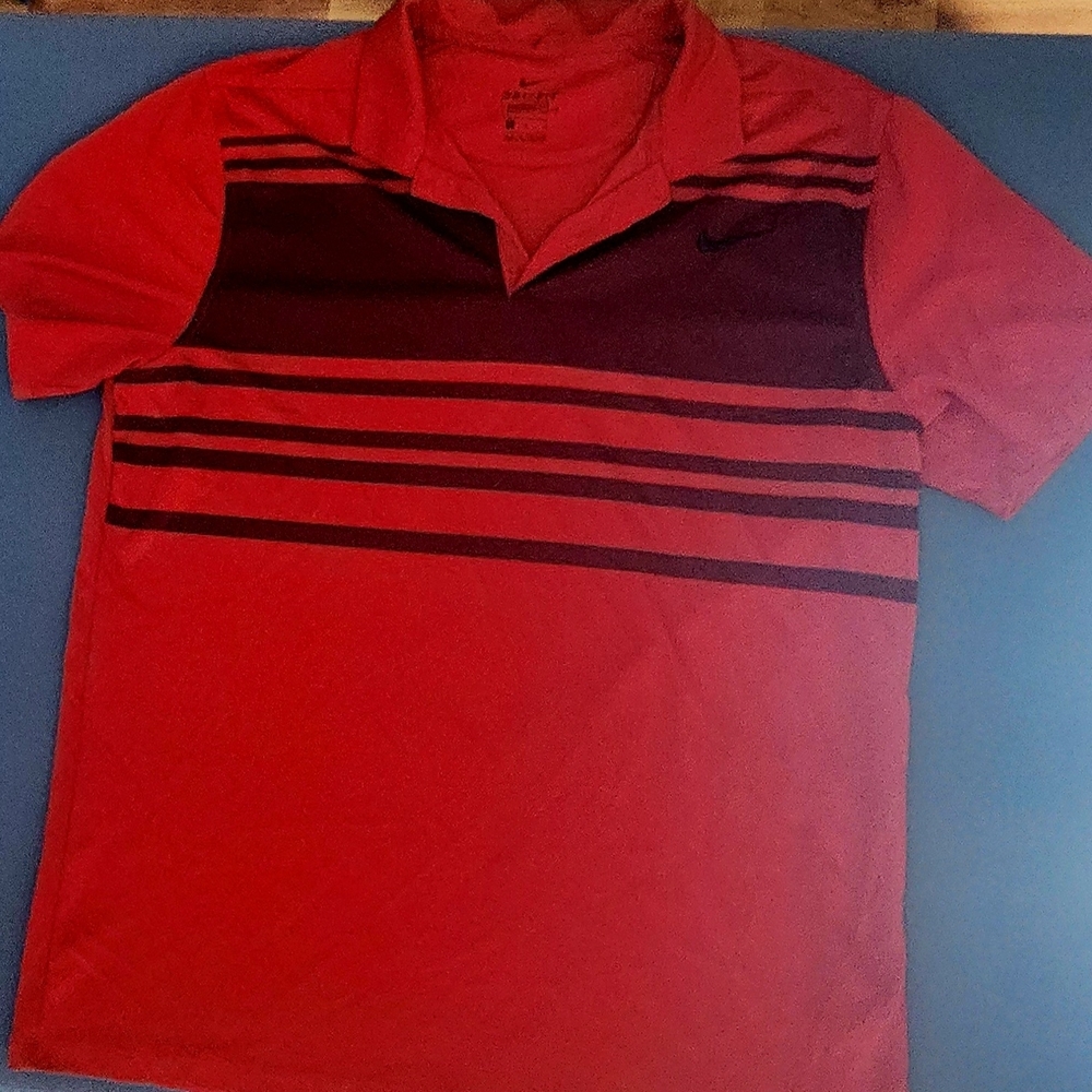 Nike Dri Fit Polo Red Black Stripe Men’s Large Golf Shirt